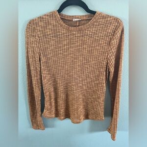 Free People Brownish/Orange Ribbed Partially Sheer Long Sleeve Top